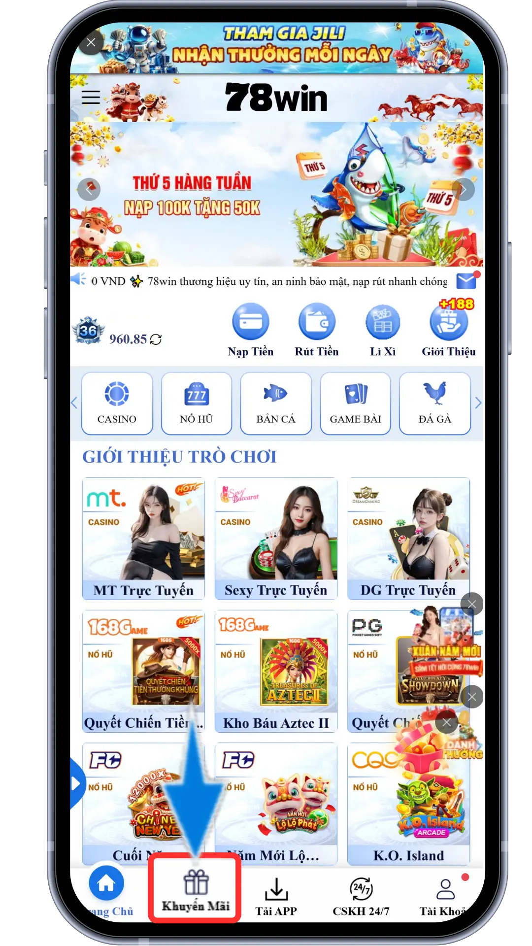 Bước 1 : Tại trang chủ 78win chọn mục "KHUYẾN MÃI"